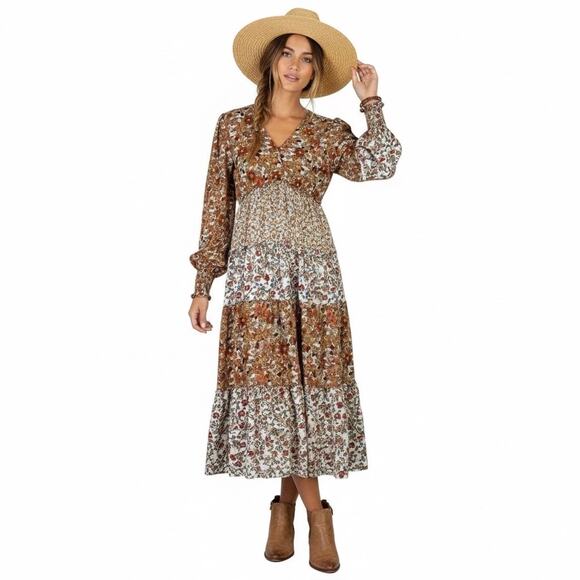 Umgee Dresses & Skirts - Umgee Floral Tiered Long Sleeve Maxi Dress Womens S Brown Farmhouse Cottagecore